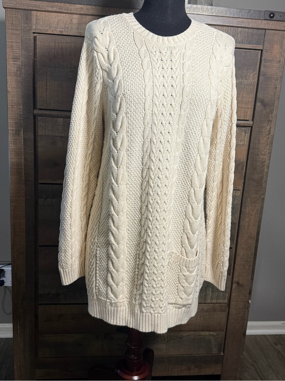Jeanne Pierre Cable Knit Tunic Sweater Cream 100% Cotton Long Sleeve Size L